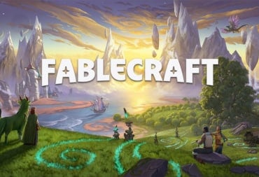 A promotional image of Fablecraft, showing the game's title in front of a vast fantasy landscape. Glowing lines, creatures, ships, and adventurers can be seen.