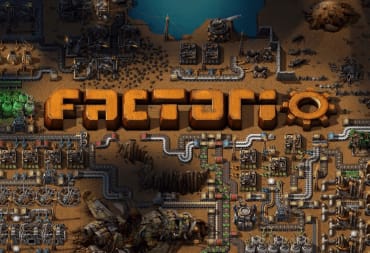 The Factorio logo against a factory in the game