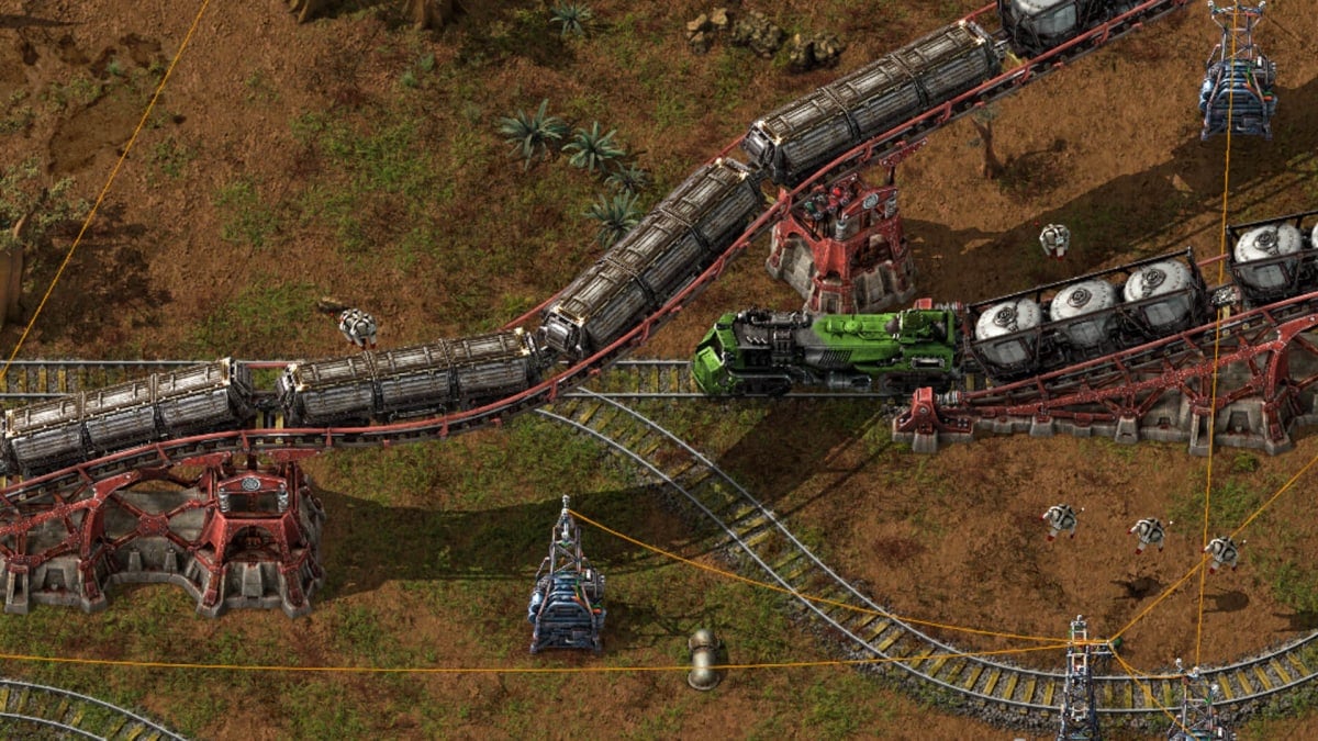 A shot showing a train running on elevated rails in Factorio: Space Age