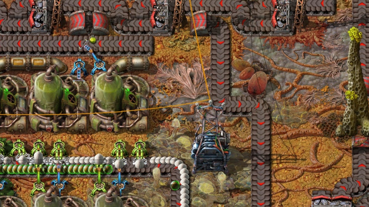 A factory running in the new Gleba landscape in the Factorio: Space Age expansion