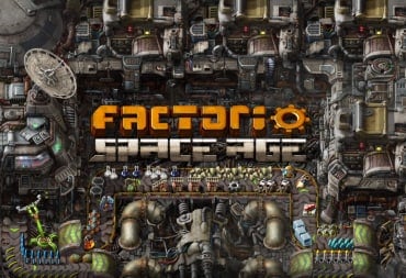 The logo for the Factorio: Space Age expansion against a backdrop of machinery