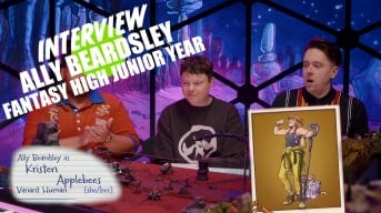 Preview artwork of Ally Beardsley among character art and the set of Fantasy High Junior Year