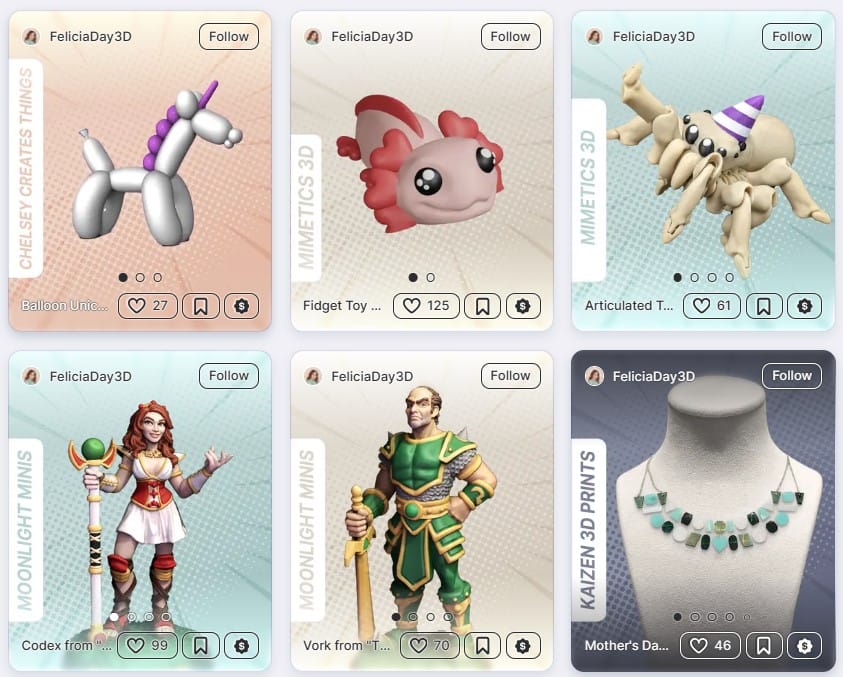FeliciaDay3D models all featuring creator names in preview images