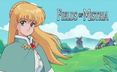 Blond character standing in front of a village, with the Fields of Mistria logo to the right.