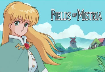 Blond character standing in front of a village, with the Fields of Mistria logo to the right.