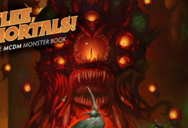 Official book artwork of Flee, Mortals!, showcasing a giant monster with multiple eyes terrorizing an adventuring party.