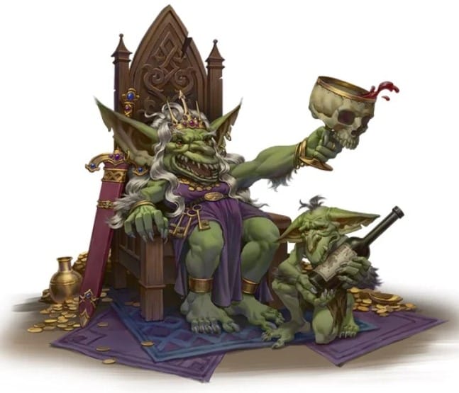 Artwork from the book Flee, Mortals!, featuring a goblin sitting in a throne, holding a skull-shaped goblets