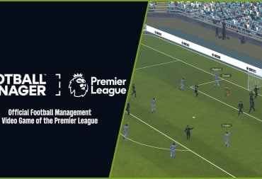 The logo for the Football Manager Premier League partnership next to a shot from Football Manager 2024