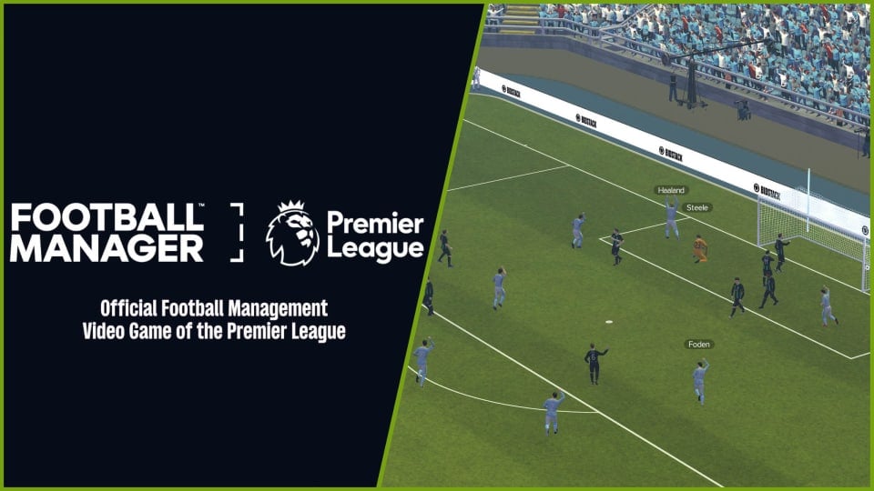 The logo for the Football Manager Premier League partnership next to a shot from Football Manager 2024