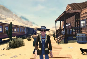 A cowboy character walking towards the screen in a Wild West town in Forty-Niner