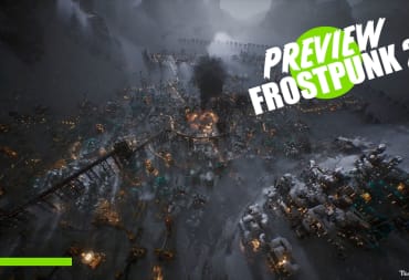 A city in Frostpunk 2 densly packed with smoke and snow