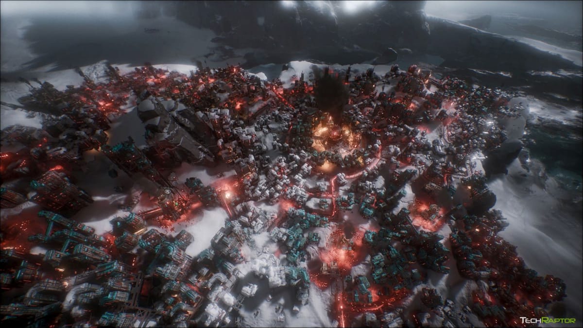 The city glowing red in Frostpunk