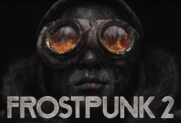 Artwork for Frostpunk 2 showing a face wearing a mask alongside the game's logo