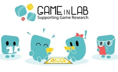 A promotional image of the Game in Lab program, showing four stylized blue squares playing a board game.