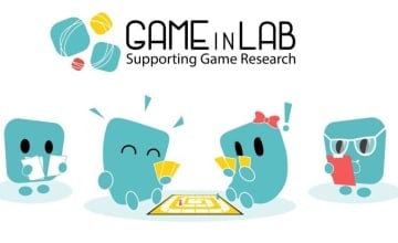 A promotional image of the Game in Lab program, showing four stylized blue squares playing a board game.