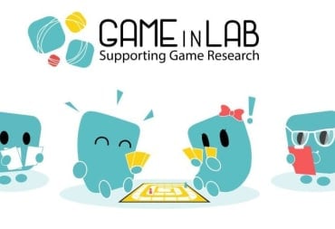 A promotional image of the Game in Lab program, showing four stylized blue squares playing a board game.
