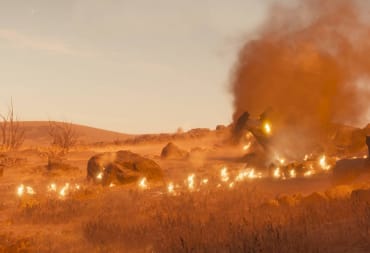 A Helldivers 2 dropship crashing and burning in the plains, setting fire to the area 