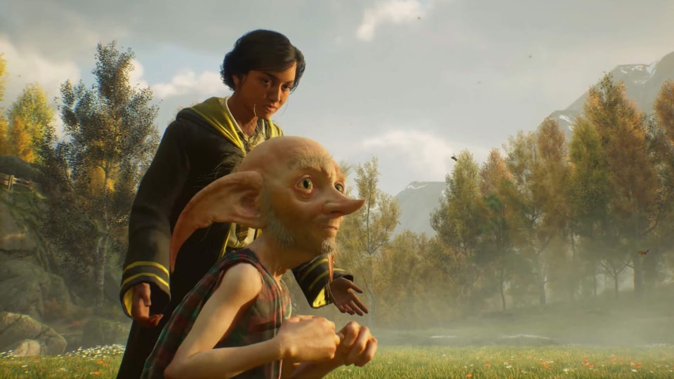 A student and a house elf in Hogwarts Legacy