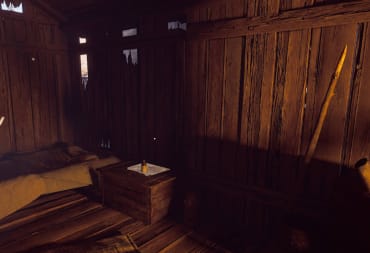 How to Get a Spear in Winter Survival - Cover Image Sharpened Softwood Stick Spear Leaning Against the Sickness Scenario Cabin Wall