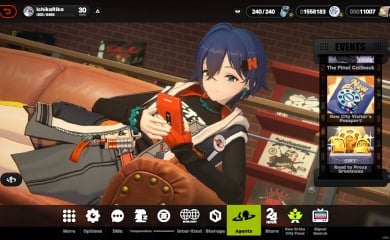 Zenless Zone Zero Main Menu featuring Belle lying down on a couch.