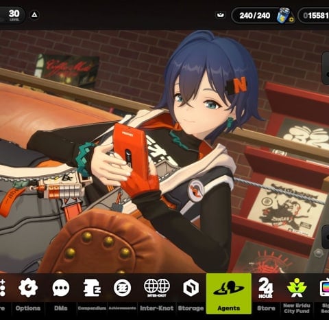 Zenless Zone Zero Main Menu featuring Belle lying down on a couch.