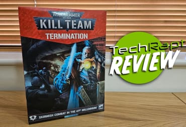 The Kill Team Termination Box sitting on a table with a TechRaptor Review button overlaid in green and white.