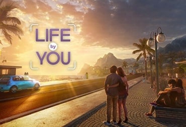 Promotional Banner image of the game Life By You, showing a couple on a sunny beach town street staring at the waves.