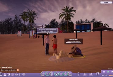 Life By You screenshot showing two characters having a discussion while a kid destroys their sandcastle