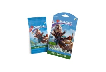 A screenshot of two Bloomburrow Value Boosters on a white background. The boosters feature artwork of an otter in robes riding an oyster shell through water.