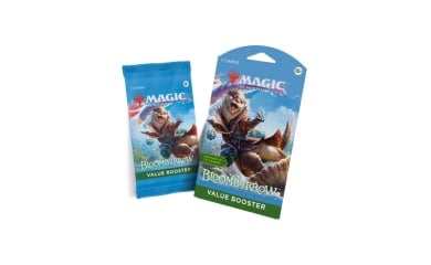 A screenshot of two Bloomburrow Value Boosters on a white background. The boosters feature artwork of an otter in robes riding an oyster shell through water.