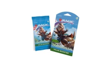 A screenshot of two Bloomburrow Value Boosters on a white background. The boosters feature artwork of an otter in robes riding an oyster shell through water.