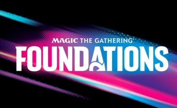 A promotional image of the Magic: The Gathering Foundations logo on a stylized background featurning pink and blue streaks.