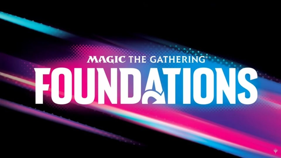 A promotional image of the Magic: The Gathering Foundations logo on a stylized background featurning pink and blue streaks.