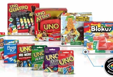 Promotional image of Mattel's new colorblind accessible board games, showing Uno, Phase-10, Ker Plunk, Uno Quatro, Tumblin' Monkeys, Blokus, and Skip-Bo.