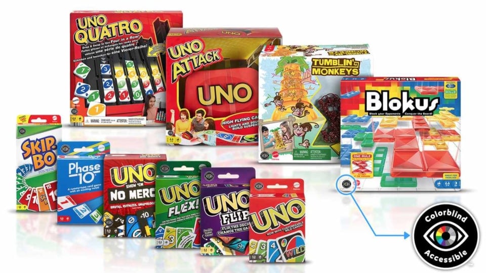 Promotional image of Mattel's new colorblind accessible board games, showing Uno, Phase-10, Ker Plunk, Uno Quatro, Tumblin' Monkeys, Blokus, and Skip-Bo.