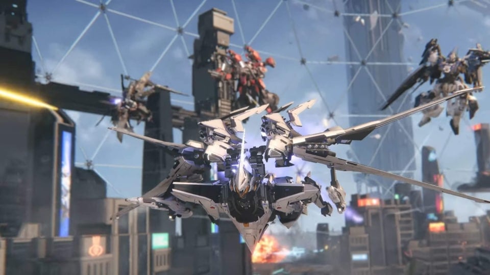 Mechs flying through a city in Mecha Break