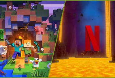 Artwork for Minecraft next to a Netflix logo surrounded by Minecraft-style lava