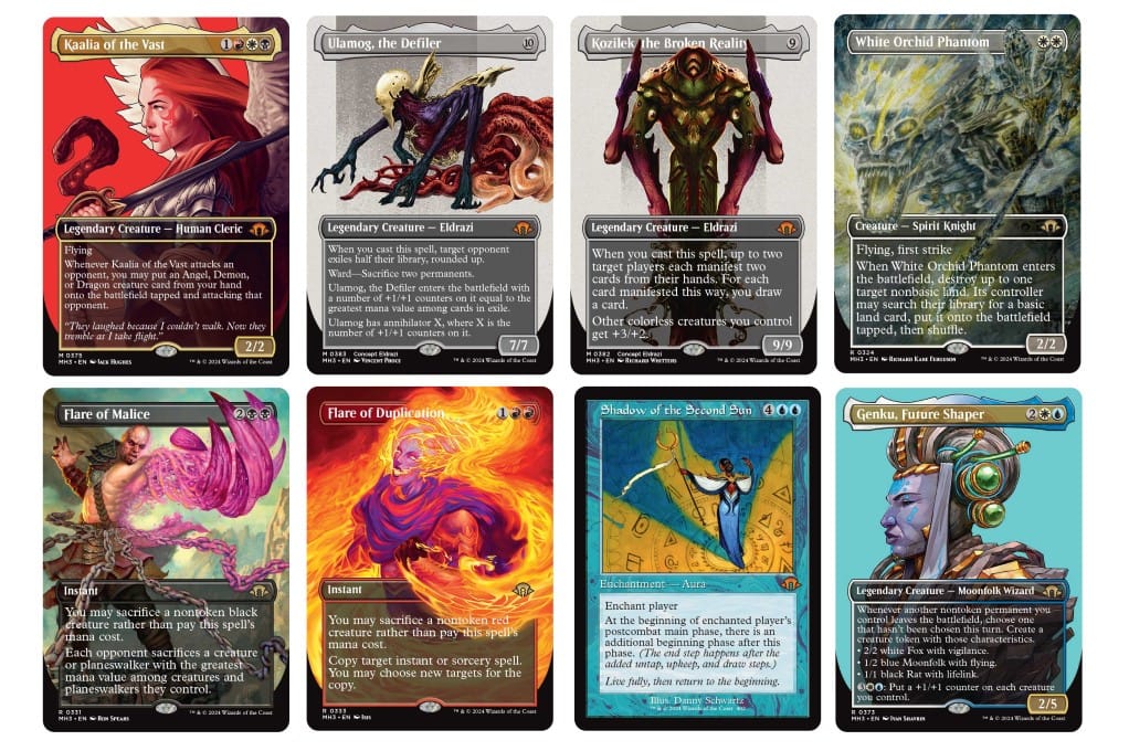 Various borderless variants of card artwork from Modern Horizons 3 on a white background