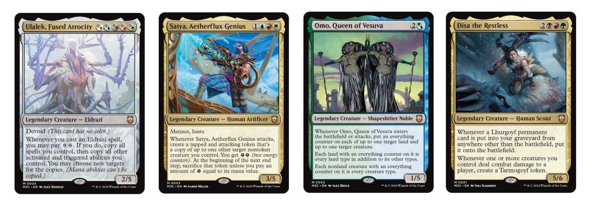 Card artwork of several commander cards from Modern Horizons 3, Featured left to right is Ulalek, Fused Atrocity, Satya, Aetherflux Genius, Omo Queen of Vesuvia, and Disa The Restless