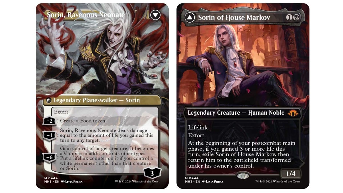 Card artwork of Sorin Ravenous Neonate and Sorin of House Markov from Hodern Horizons 3
