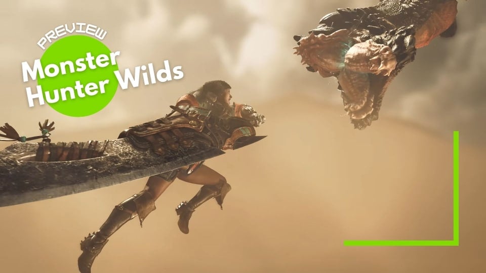 A hunter winds up to attack a monster in Monster Hunter Wilds