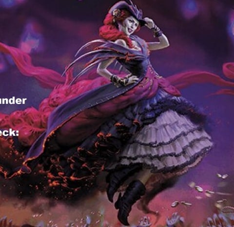 Art crop of Olivia, Opulent Outlaw with the text 'Outlaws of Thunder Junction Commander Deck: Most Wanted Review and Upgrades' written along the left side. Olivia in the picture is standing above an adoring crowd, flying in the sky with her Western inspired hat as fans throw treasures in the air
