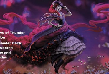 Art crop of Olivia, Opulent Outlaw with the text 'Outlaws of Thunder Junction Commander Deck: Most Wanted Review and Upgrades' written along the left side. Olivia in the picture is standing above an adoring crowd, flying in the sky with her Western inspired hat as fans throw treasures in the air