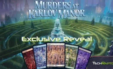 Murders at Karlov Manor over the hedge maze at the Karlov Manor, with the words Exclusive Reveal in the middle, and five of the full art impossible basic lands teasing the reveals to come in the article.