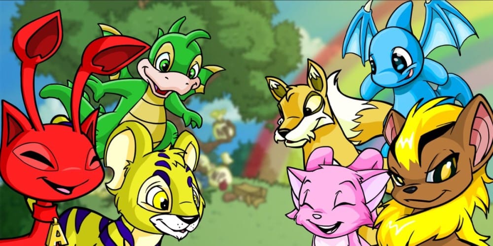 A promotional image of neopets artwork, featuring several different colorful characters in an open field