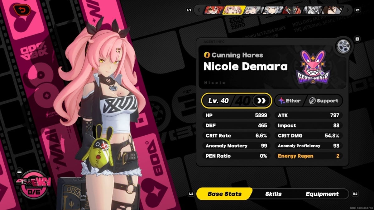 Nicole's stat overview at level 40.