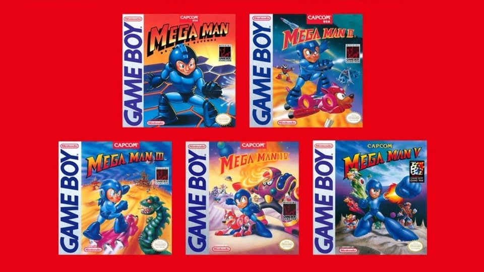 Artwork for five classic Mega Man Game Boy games, which have been added to Nintendo Switch Online