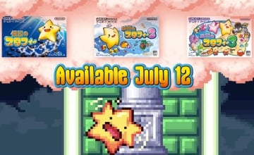 Box art of the three Starfy games now available on Nintendo Switch Online, plus a shot of Starfy falling over