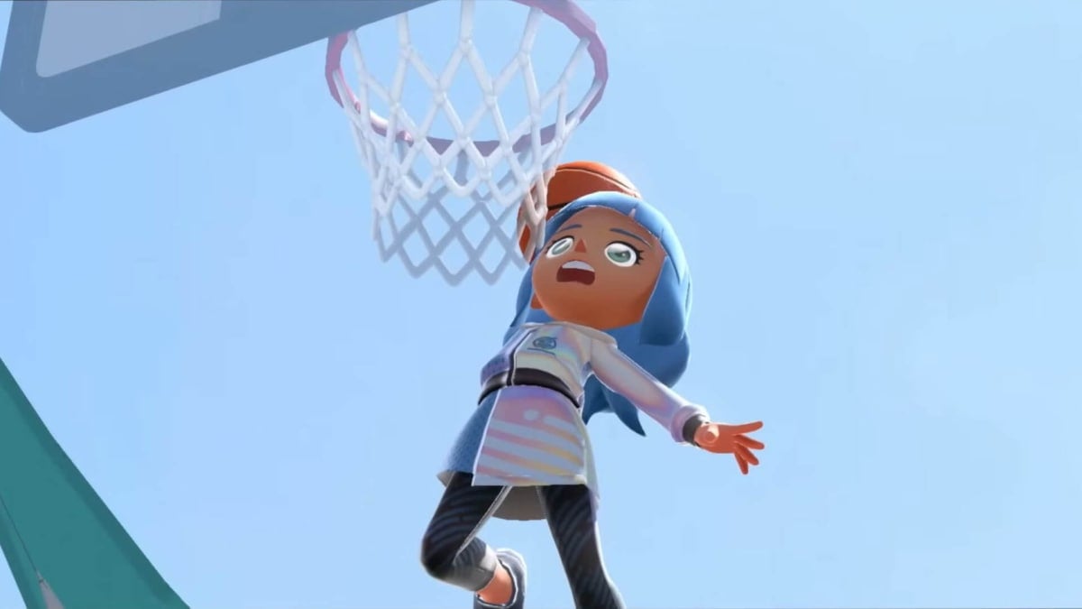 A Nintendo Switch Sports character with a comically angry look on their face dunking a basketball