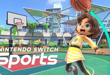 A Nintendo Switch Sports avatar about to dunk a basketball